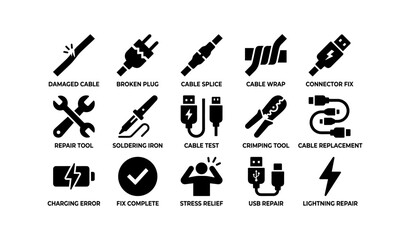 Fototapeta premium Electrical repair icons: cable fix, tools, error solutions