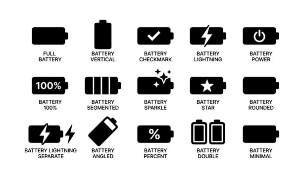 Various battery icons: full, segmented, lightning, power symbols