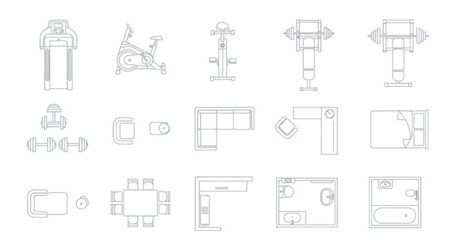 Top view floor plan icons: gym, furniture, bathroom, kitchen, dining set