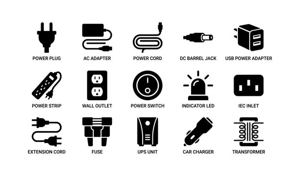 Electrical components icons set: power plug, adapter, cord, charger, transformer