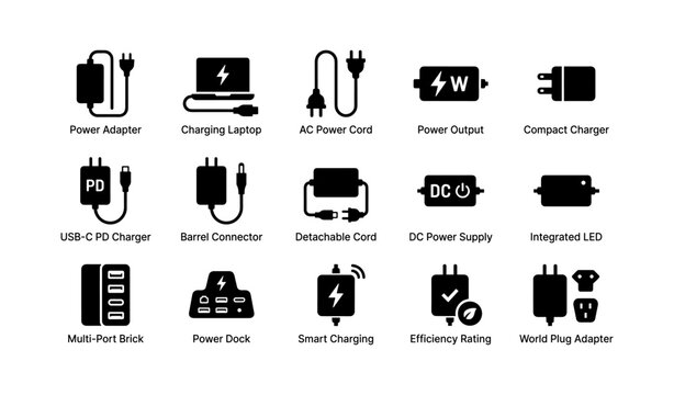 Collection of power adapters and charging icons in black