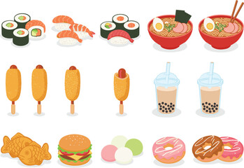 Asian street food collection with sushi ramen shrimp corn dogs bubble tea burgers donuts and fried chicken vector illustration © MDAbul