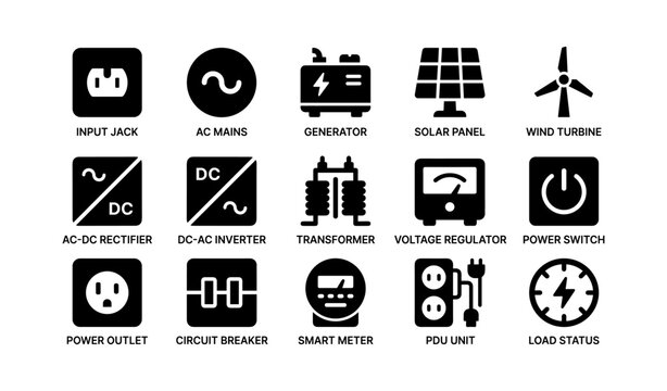 Icon set: electrical components and symbols for power generation and distribution