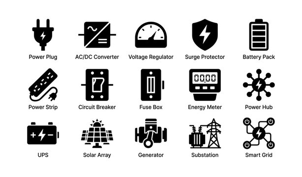 Electrical components: power plug, voltage regulator, battery pack, circuit breaker, smart grid technology