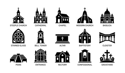 Church icon set featuring cathedral basilica chapel and more