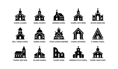 Icon set of various chapel architecture styles and designs