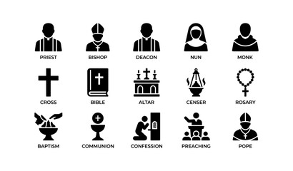 Black icons representing christian symbols and roles in the church