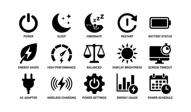 Power and energy icon set: sleep, hibernate, charging, settings, energy saver symbols