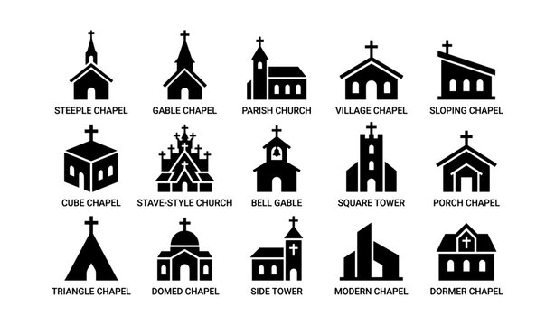 Set of 16 chapel silhouettes: steeple, gable, parish, village, sloping, cube, stave, bell, square, porch, triangle, domed, side, modern, dormer
