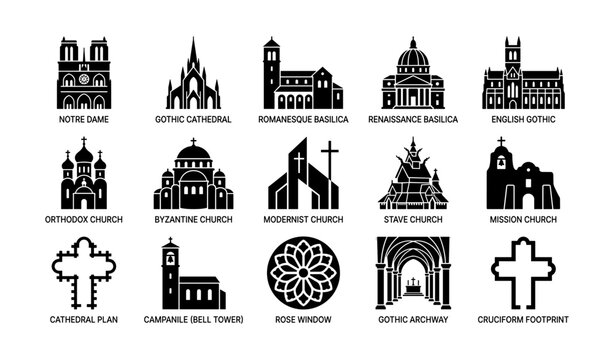 Collection of architectural styles: cathedrals, basilicas, and churches in black icons