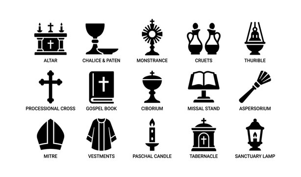Catholic church symbols: altar, chalice, monstrance, cross, vestments, candle, tabernacle, lamp