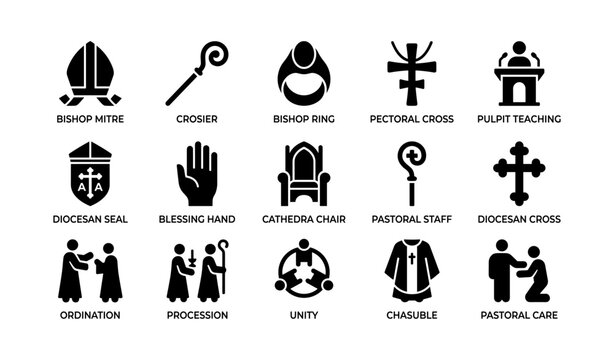 Set of catholic church icons including bishop mitre, crosier, and pastoral symbols
