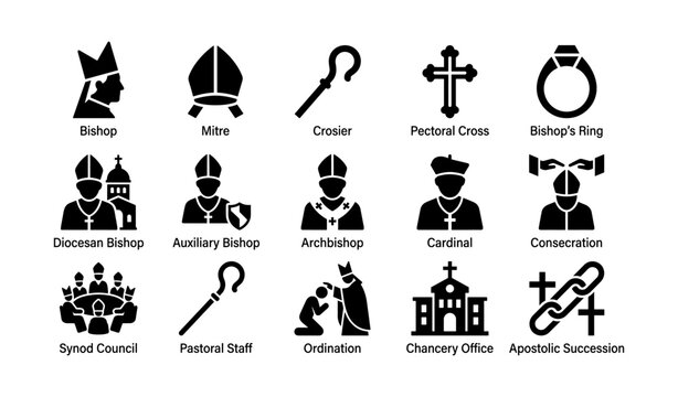Religious symbols: bishop mitre crosier cross ring council staff ordination church