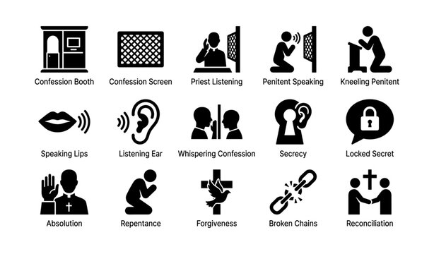 Confession icons: booth, priest, penitent, listening, secrecy, forgiveness, reconciliation