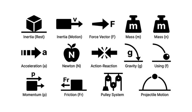 Physics symbols: inertia, force, mass, acceleration, gravity, momentum, friction, pulley, projectile