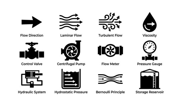 Fluid dynamics symbols: flow direction, laminar flow, turbulent flow, viscosity, control valve