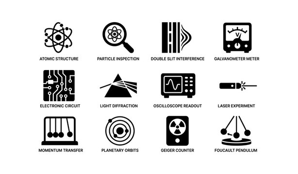 Illustrated science icons: atomic structure, light diffraction, laser experiment, geiger counter, foucault pendulum