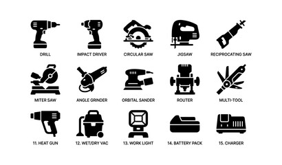 Collection of electric power tools icons: drill, saw, grinder, router, multi-tool, heat gun, vacuum, light, charger