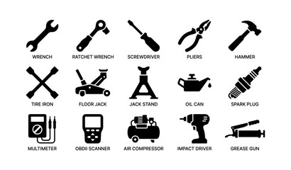 Essential automotive tools: wrench, screwdriver, pliers, hammer, and more