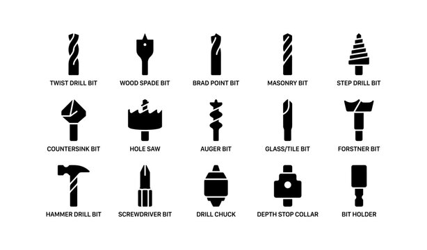 Various drill bit icons: twist, wood spade, brad point, masonry, step, countersink, and more