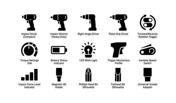 Power tool icons: drills, indicators, and adapters in black silhouette design