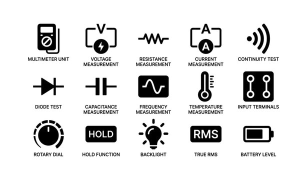 Electrical measurement icon set featuring multimeter, waveform, and battery