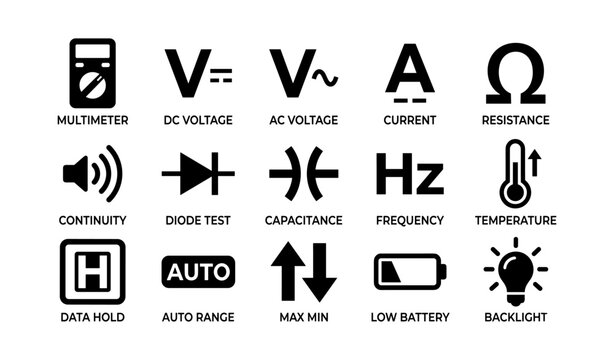 Electrical symbols chart with multimeter and measurement icons