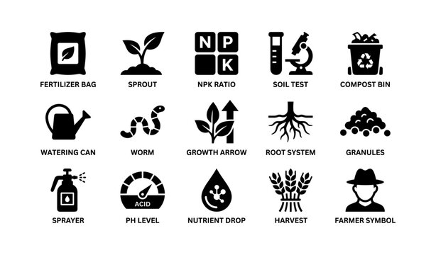 Agricultural icons collection: fertilizer, sprout, npk, microscope, compost, and more