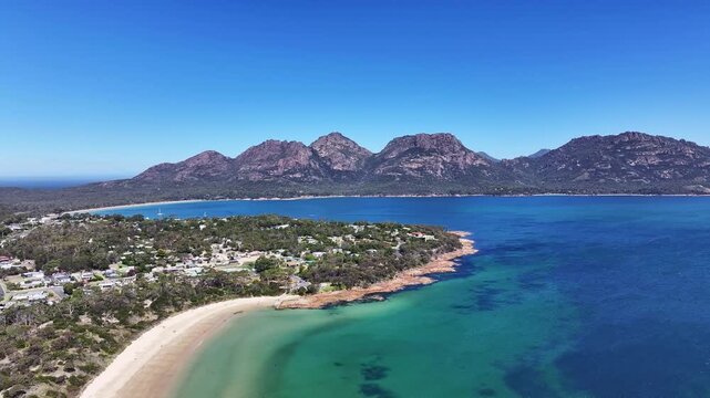Aerial footage of Coles Bay Tasmania Australia