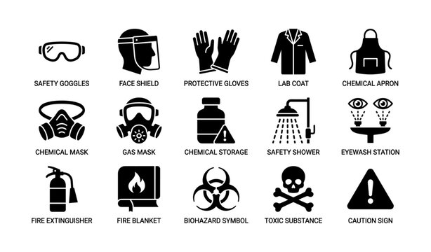 Safety equipment icons: protective gear and hazard symbols collection