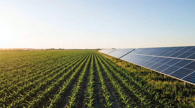 Solar panels installed on farmland next to a growing corn crop under a clear sky