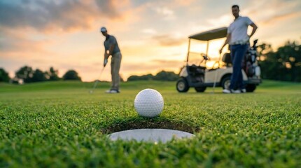 Golfers on a green with a ball in the hole