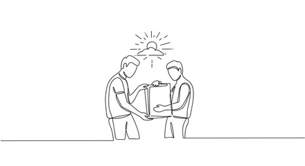 Outline vector illustration of two men exchanging a box in a sunny outdoor setting with rays of light in the background on a transparent background