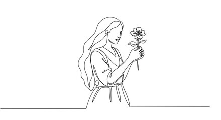 Outline vector illustration of a woman holding a flower in a peaceful pose on a transparent background with simple line art style.