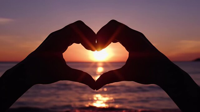 Silhouettes of hands forming a heart against a sunset over the ocean