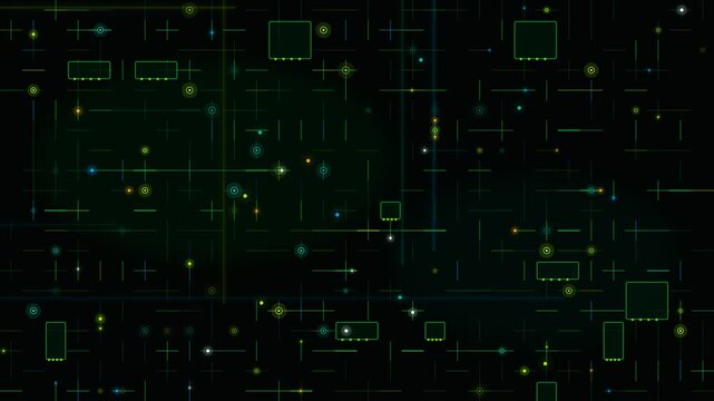 Futuristic digital landscape with glowing neon green lines, rectangles, and dots on a black background, creating a dynamic and futuristic atmosphere, symbolizing technological advancement and modern c