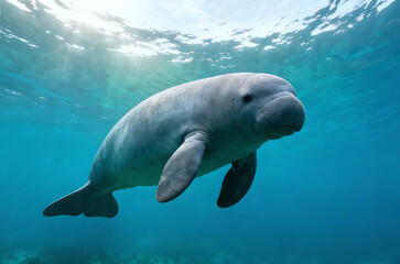 Rare Dugong Swimming Underwater in Indonesian Tropical Sea