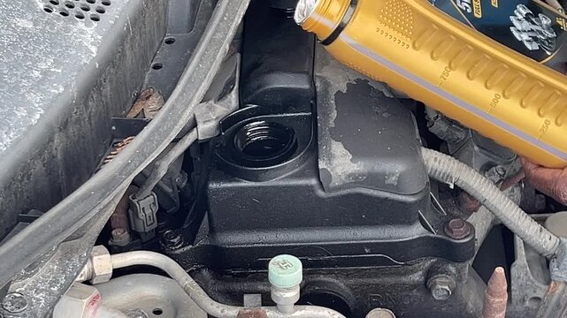 Mechanic topping up oil in a small car engine