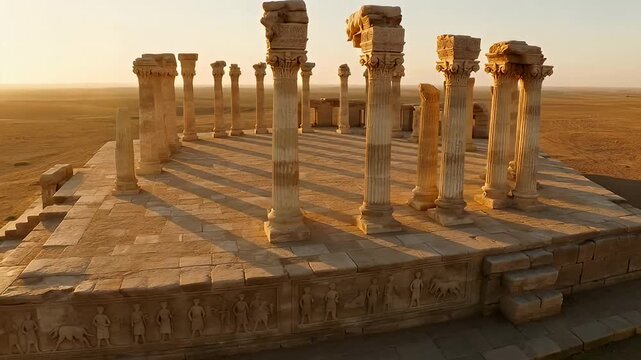 The ancient temple of Hatra in Iraq at sunset with golden light