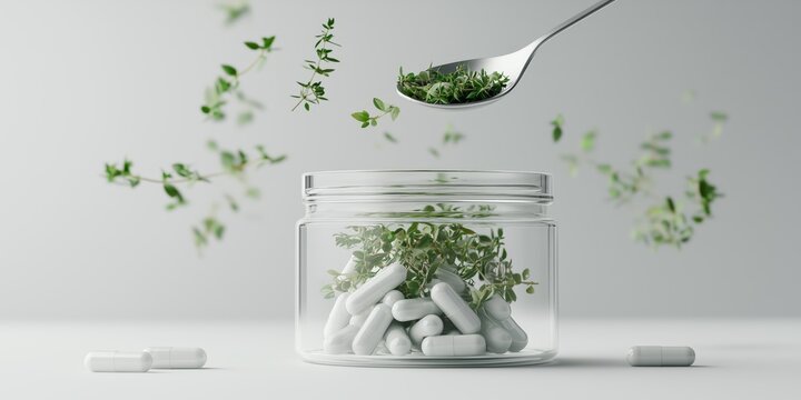Plant based supplement and herbal medicine concept with floating capsules and flowers for natural health product promotion