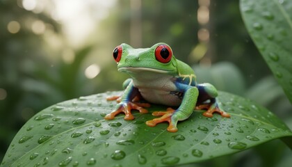 Fototapeta premium Red Eyed Tree Frog on Wet Green Leaf Tropical Nature