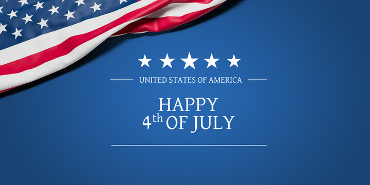 The wrinkled flag of the USA draped onto a flat blue plane with the text "United States of America - Happy 4th of July" - Independence Day