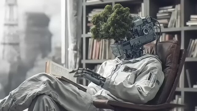Contemplative android engaging in intellectual pursuits, immersed in literary exploration within a cozy library environment