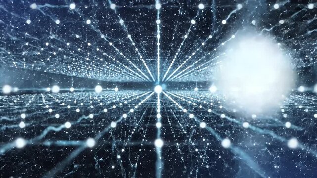 Abstract digital grid of glowing nodes and lines receding into darkness