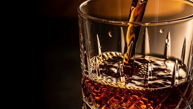 Whiskey being poured into a crystal glass on dark background  