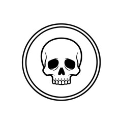 Fototapeta premium Simple black and white skull illustration within a circular frame.