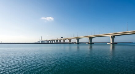 Obraz premium Long concrete bridge spans across calm blue water under a clear sky.