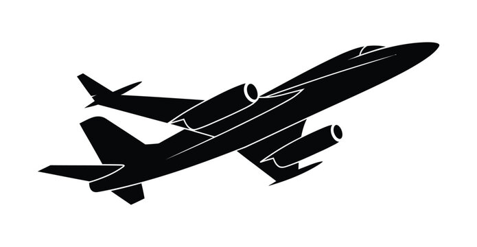Sleek black silhouette vector illustration of a modern private jet or business airplane taking off, isolated on a clean white background, ideal for aviation, travel, or luxury transport designs.