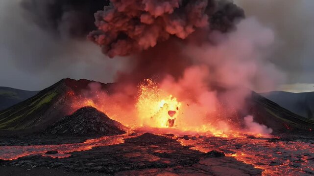 Fiery volcanic eruption spews molten lava and ash into dark sky