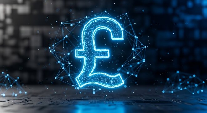 Glowing British pound symbol with futuristic network connections